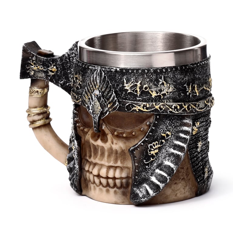 Axe Handle Armoured Skull Decorative Tankard - Resin and Stainless Steel Home Decor Item
