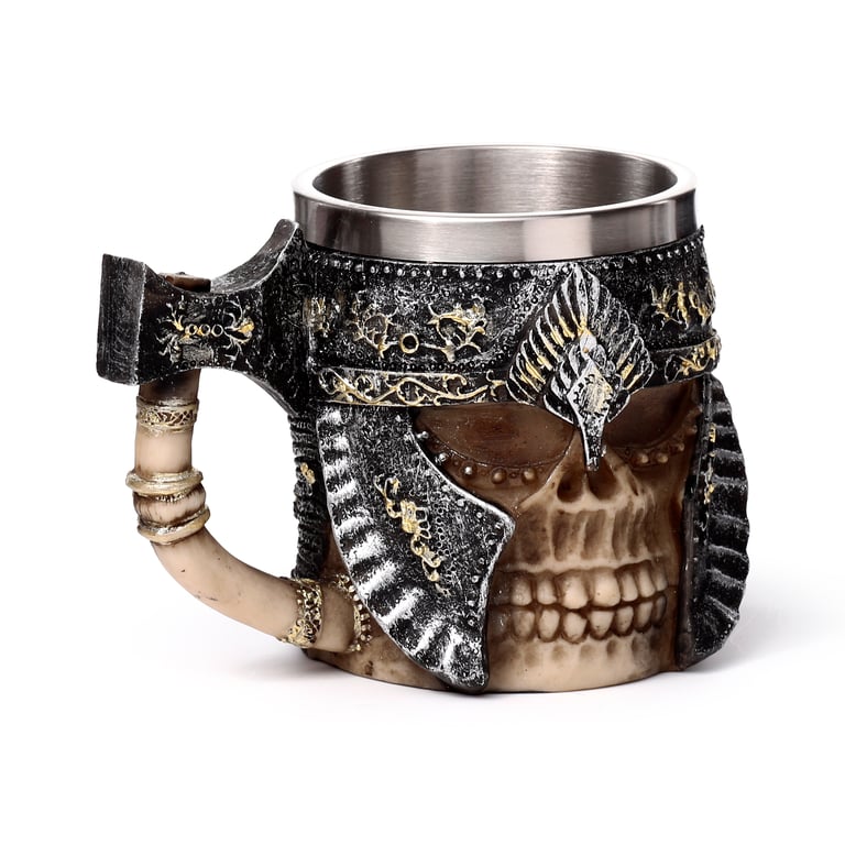 Axe Handle Armoured Skull Decorative Tankard - Resin and Stainless Steel Home Decor Item
