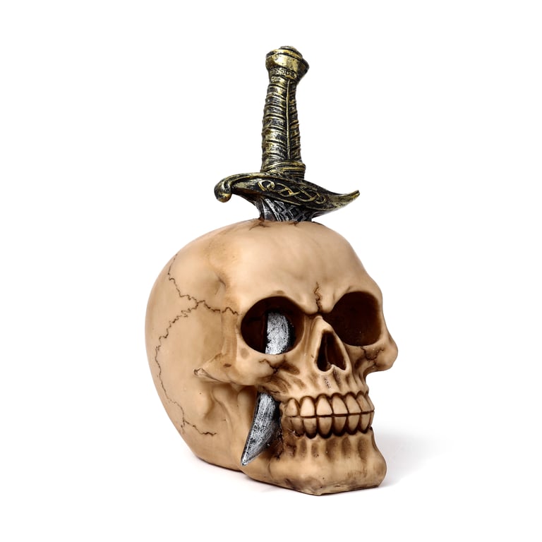 Resin Skull Ornament Pierced by Sword - Eerie Home Decor