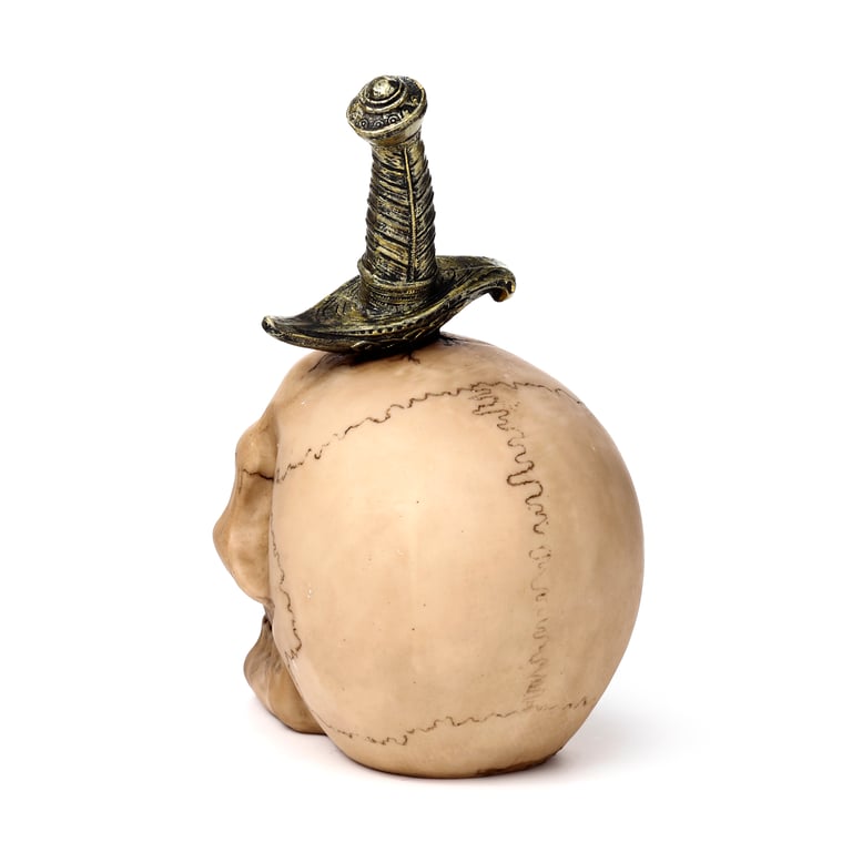 Resin Skull Ornament Pierced by Sword - Eerie Home Decor