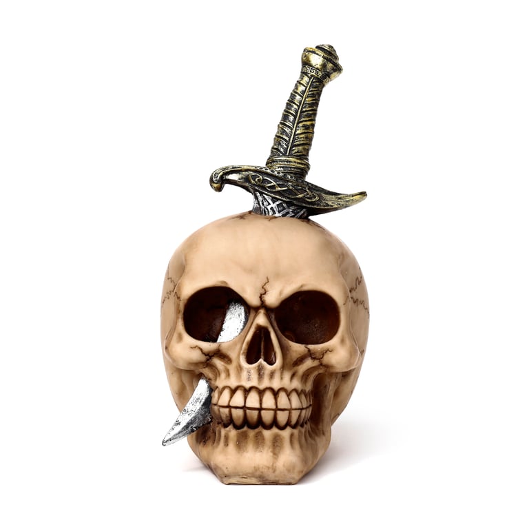 Resin Skull Ornament Pierced by Sword - Eerie Home Decor
