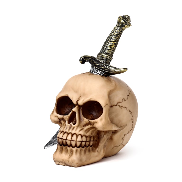 Resin Skull Ornament Pierced by Sword - Eerie Home Decor