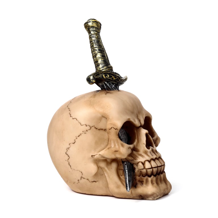 Resin Skull Ornament Pierced by Sword - Eerie Home Decor