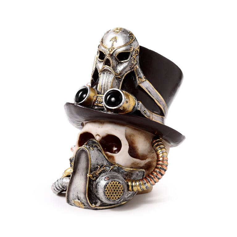 Steampunk Style Resin Skull Ornament with Gas Mask and Top Hat Decoration