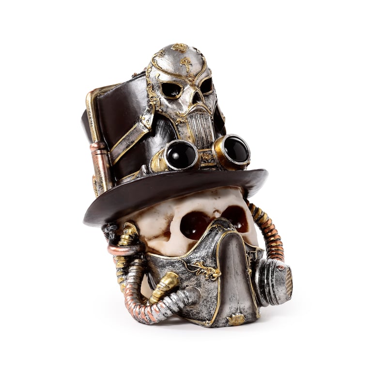 Steampunk Style Resin Skull Ornament with Gas Mask and Top Hat Decoration