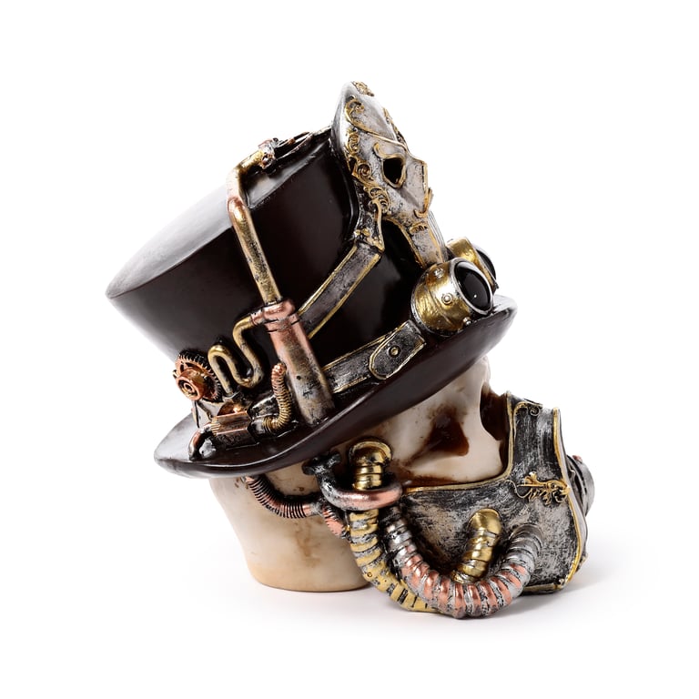 Steampunk Style Resin Skull Ornament with Gas Mask and Top Hat Decoration