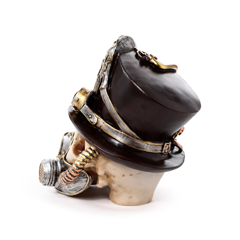 Steampunk Style Resin Skull Ornament with Gas Mask and Top Hat Decoration
