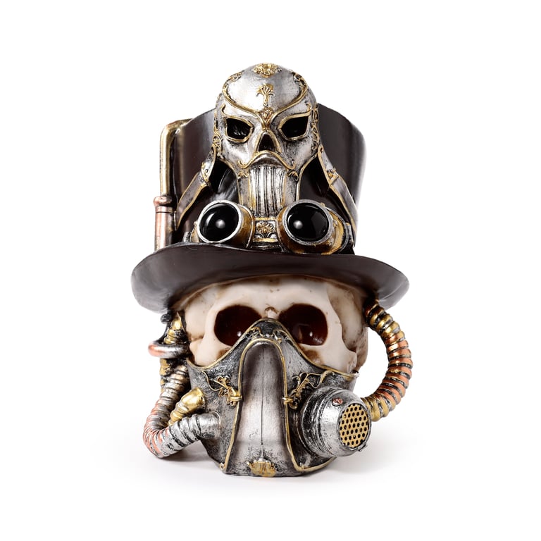 Steampunk Style Resin Skull Ornament with Gas Mask and Top Hat Decoration