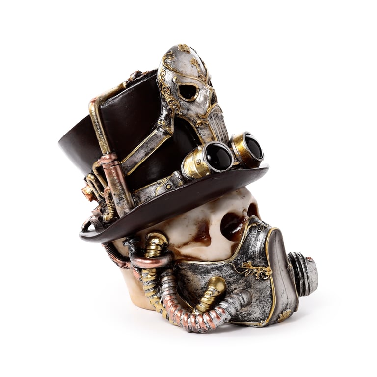Steampunk Style Resin Skull Ornament with Gas Mask and Top Hat Decoration