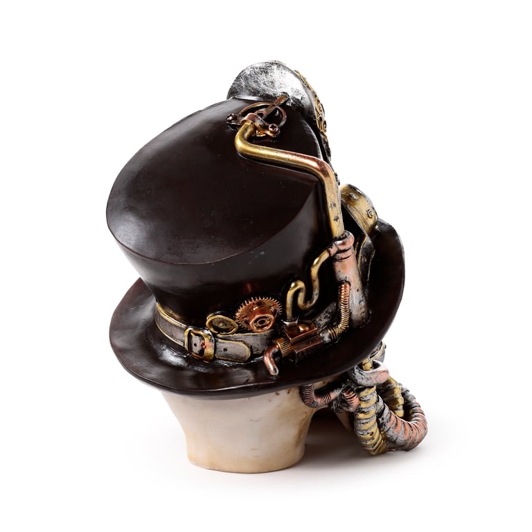 Steampunk Style Resin Skull Ornament with Gas Mask and Top Hat Decoration