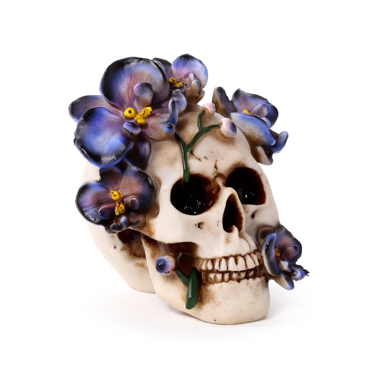 Resin Skull Ornament with Purple Vine Flowers - Unique Home Decor Statue