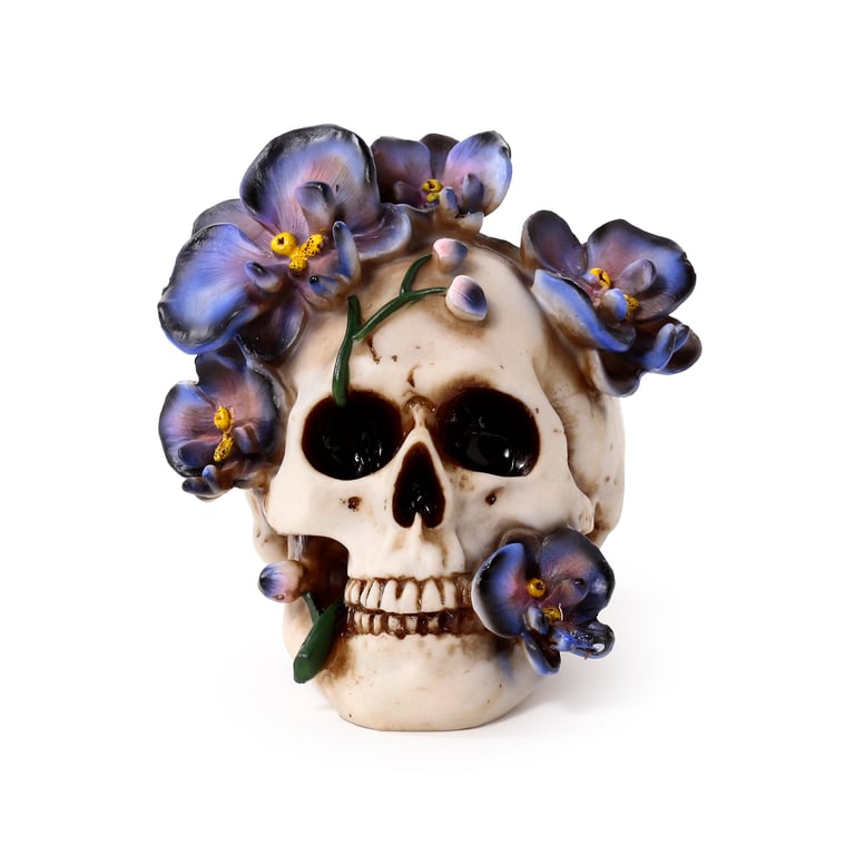 Resin Skull Ornament with Purple Vine Flowers - Unique Home Decor Statue