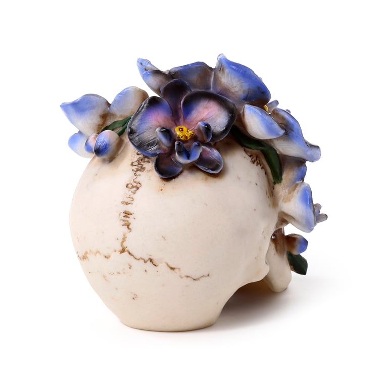 Resin Skull Ornament with Purple Vine Flowers - Unique Home Decor Statue