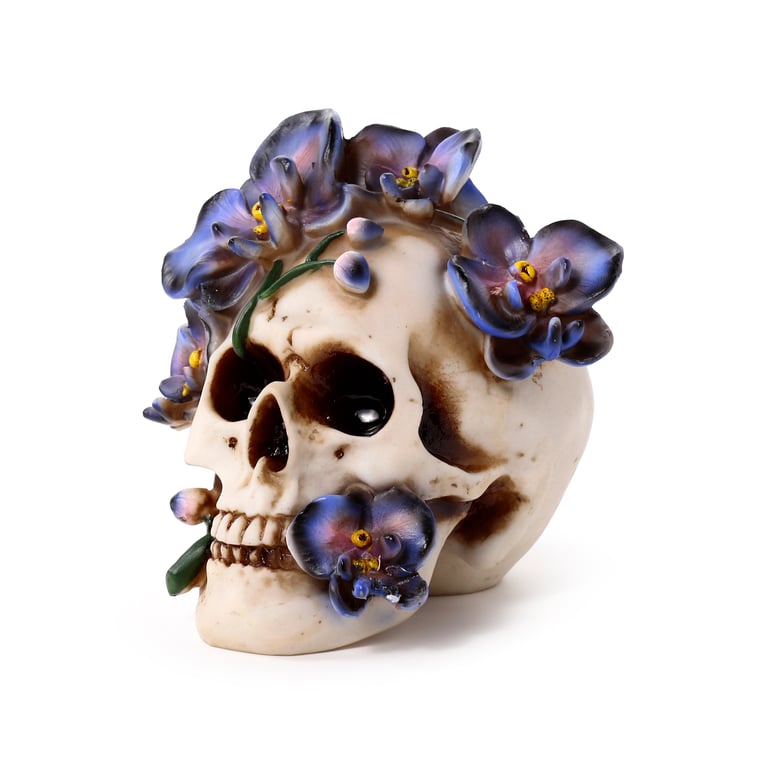 Resin Skull Ornament with Purple Vine Flowers - Unique Home Decor Statue