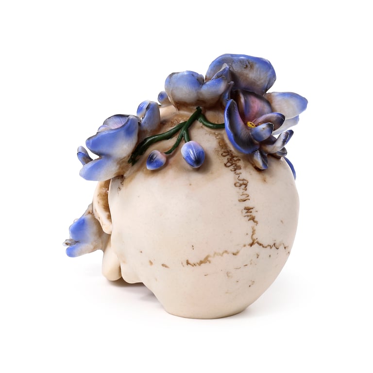 Resin Skull Ornament with Purple Vine Flowers - Unique Home Decor Statue
