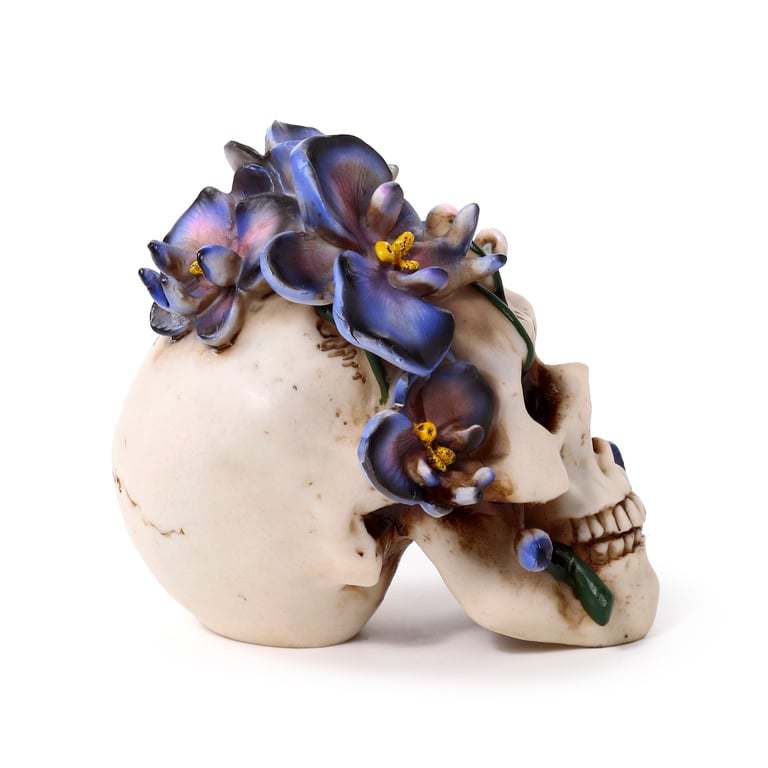 Resin Skull Ornament with Purple Vine Flowers - Unique Home Decor Statue