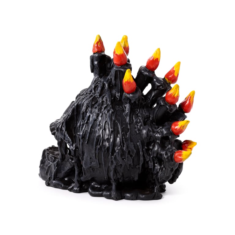 Black Screaming Skull Resin Ornament with Candles & Melted Wax - Halloween Home Decoration