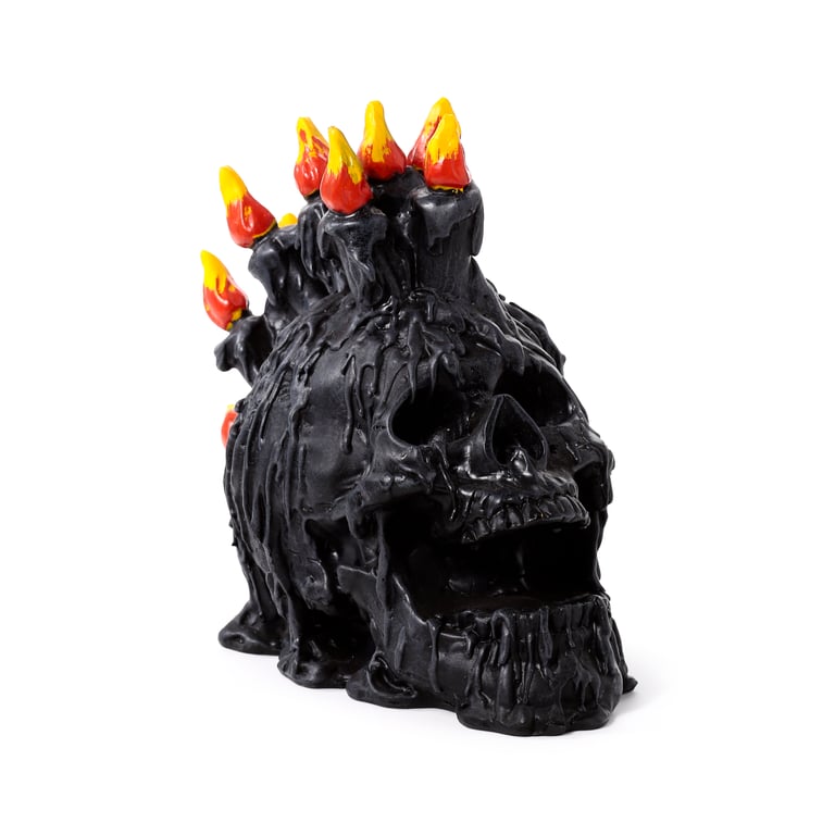 Black Screaming Skull Resin Ornament with Candles & Melted Wax - Halloween Home Decoration