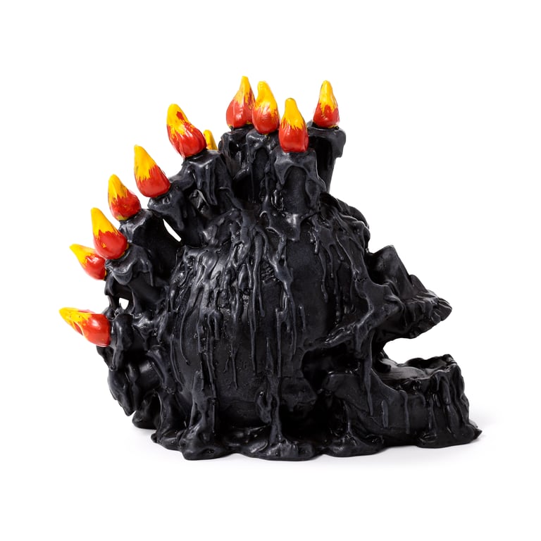 Black Screaming Skull Resin Ornament with Candles & Melted Wax - Halloween Home Decoration