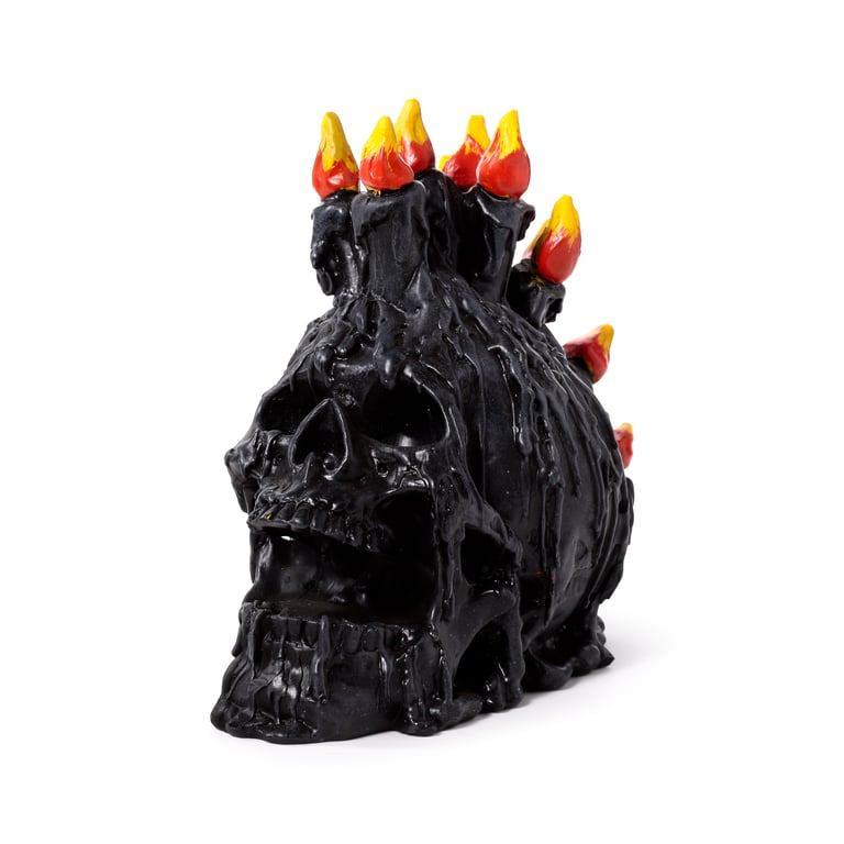 Black Screaming Skull Resin Ornament with Candles & Melted Wax - Halloween Home Decoration