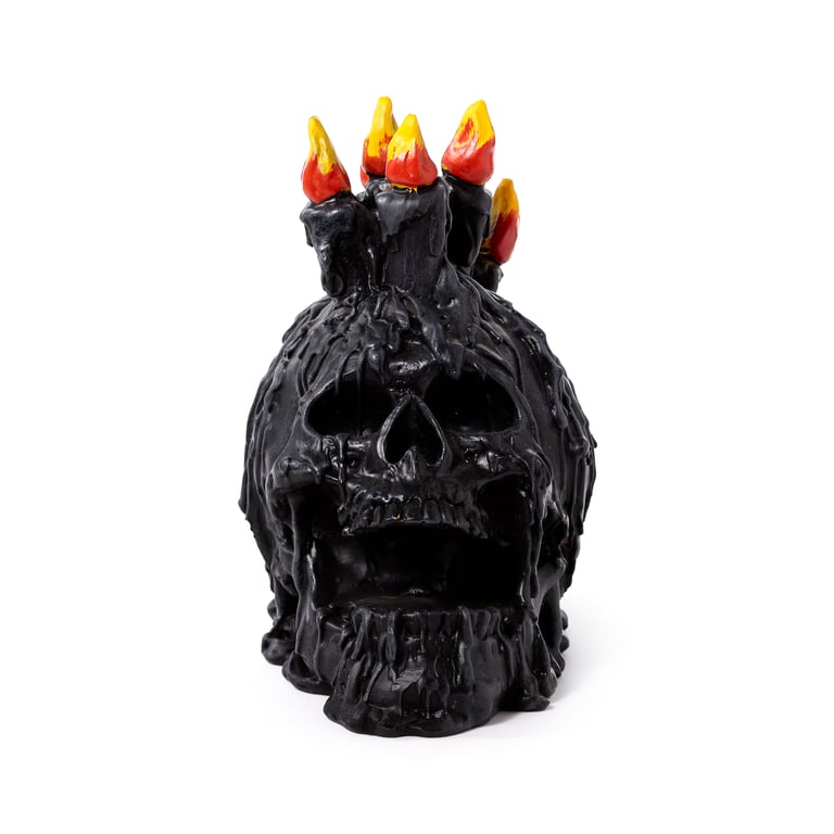 Black Screaming Skull Resin Ornament with Candles & Melted Wax - Halloween Home Decoration