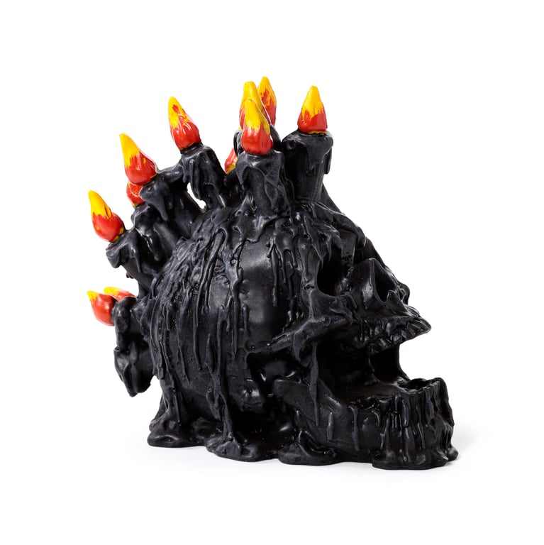 Black Screaming Skull Resin Ornament with Candles & Melted Wax - Halloween Home Decoration