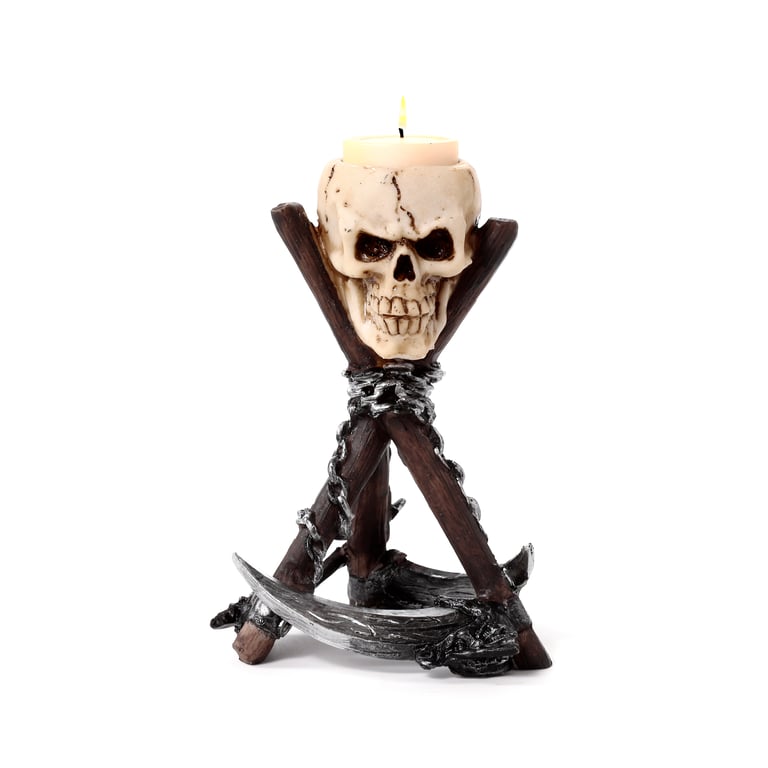 Resin Skull Head Candle Holder with Scythe Tripod Stand - Perfect Halloween Decor