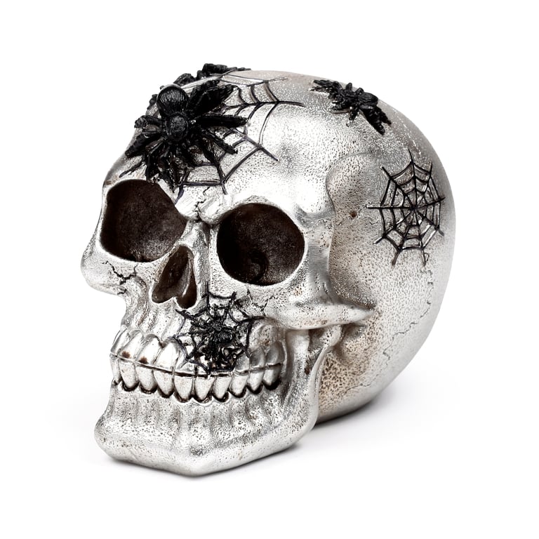 Silver Skull Resin Ornament with Black Spiders and Webs - Home Decor Decoration