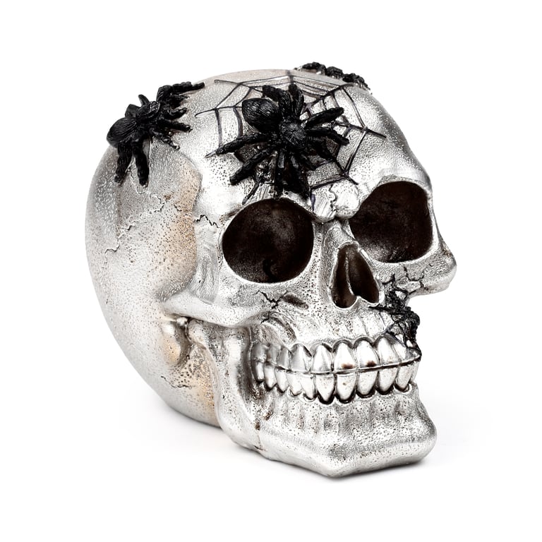 Silver Skull Resin Ornament with Black Spiders and Webs - Home Decor Decoration