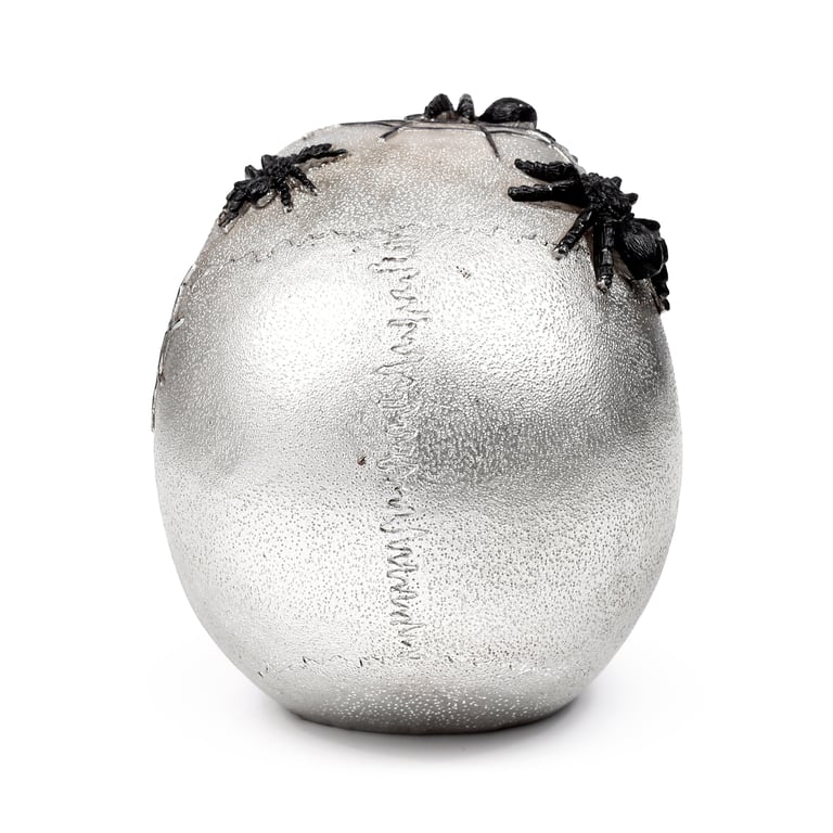 Silver Skull Resin Ornament with Black Spiders and Webs - Home Decor Decoration