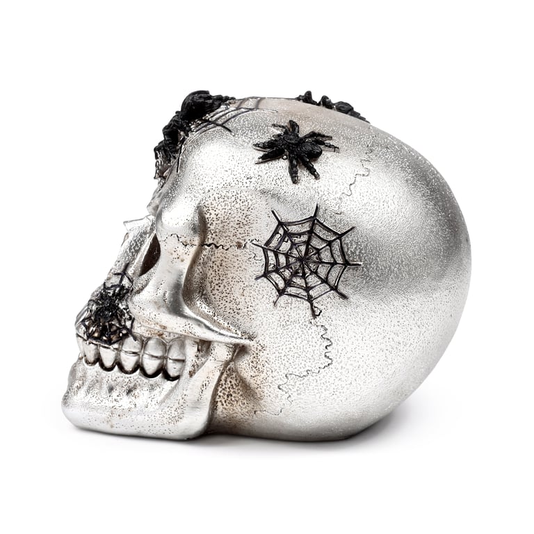Silver Skull Resin Ornament with Black Spiders and Webs - Home Decor Decoration