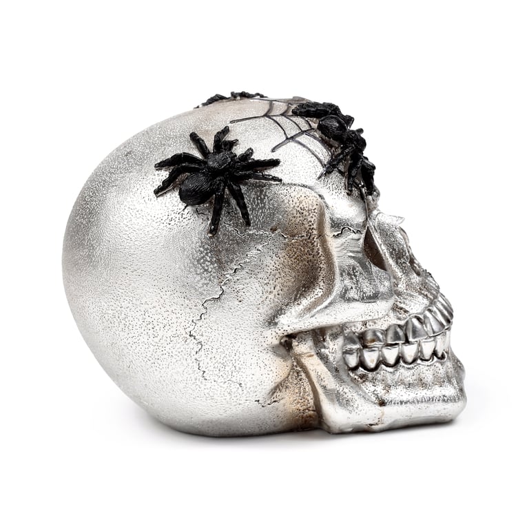 Silver Skull Resin Ornament with Black Spiders and Webs - Home Decor Decoration