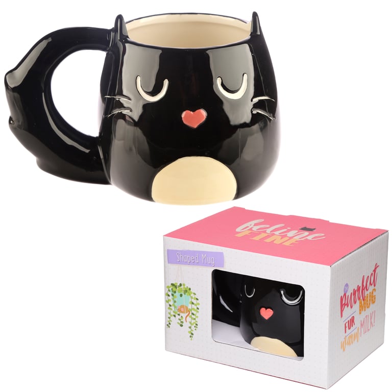 Feline Fine Black Cat Novelty Ceramic Mug - Food Safe, 400ml