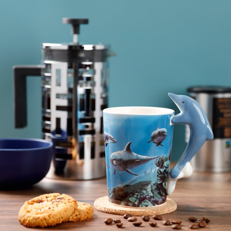 Ceramic Dolphin Shaped Handle Mug - 400ml, Dishwasher & Microwave Safe Free Design