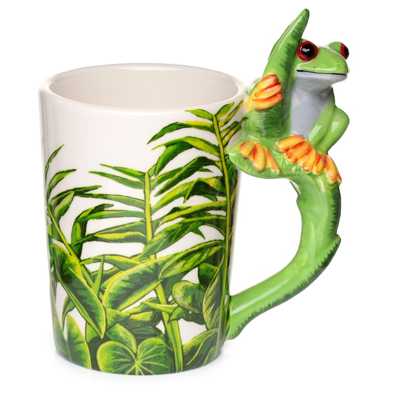 Shaped Handle Ceramic Mug - Tree Frog Foliage Design, 400ml, Food Safe