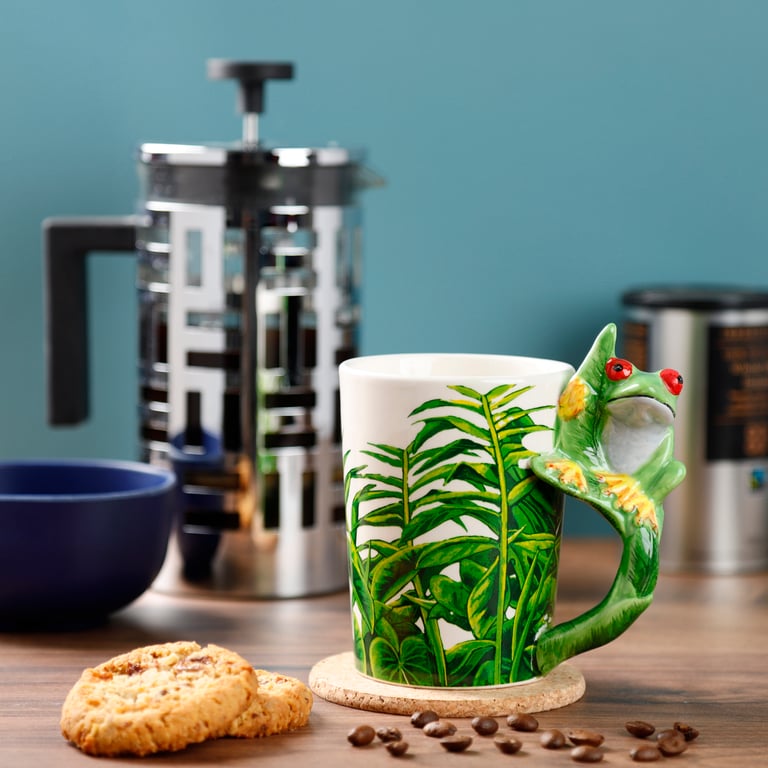 Shaped Handle Ceramic Mug - Tree Frog Foliage Design, 400ml, Food Safe