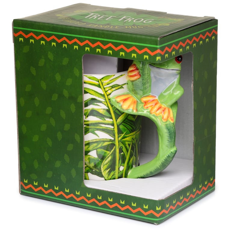 Shaped Handle Ceramic Mug - Tree Frog Foliage Design, 400ml, Food Safe