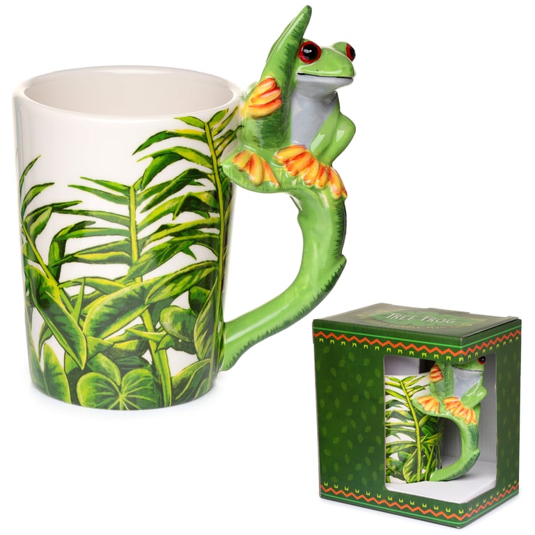 Shaped Handle Ceramic Mug - Tree Frog Foliage Design, 400ml, Food Safe