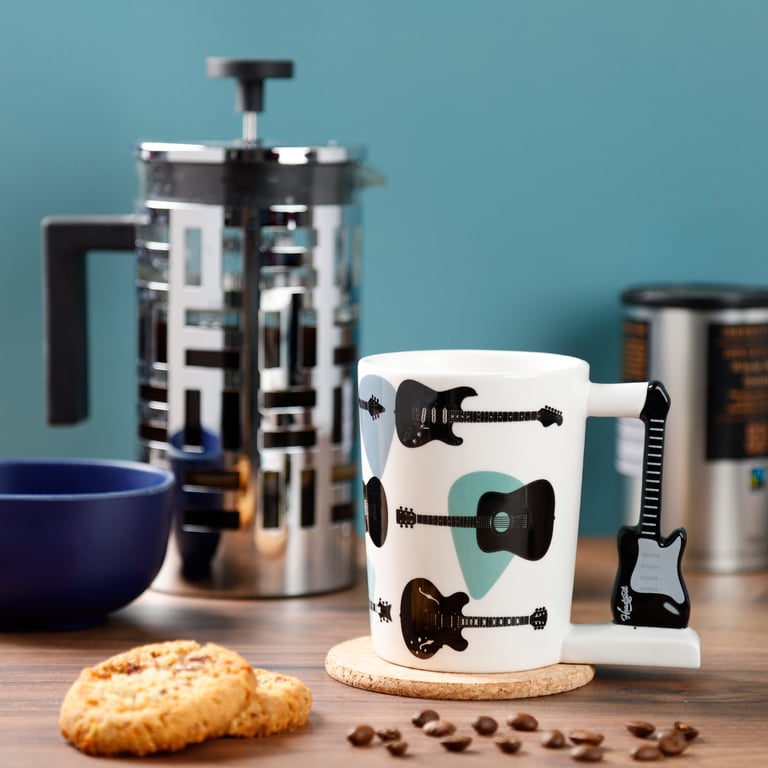 Dolomite Ceramic Mug - Shaped Handle Guitar Design, 400ml Food Safe