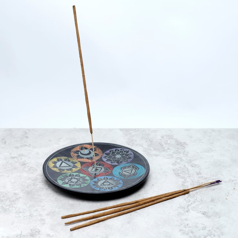 Soapstone Chakra Incense Burner Dish - Natural Stone Holder for Incense Sticks & Cones