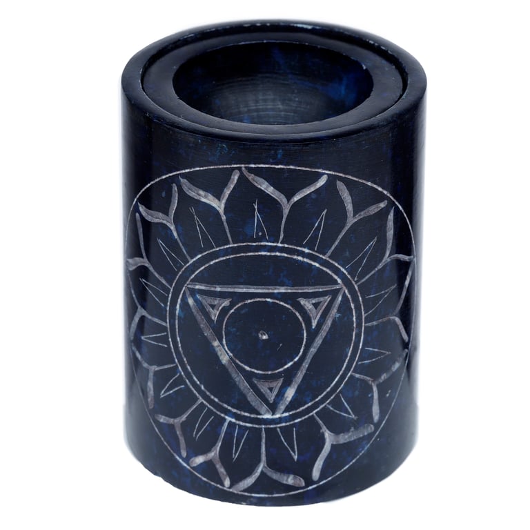 Dark Blue Soapstone Carved Chakra Oil Burner with Removable Dish
