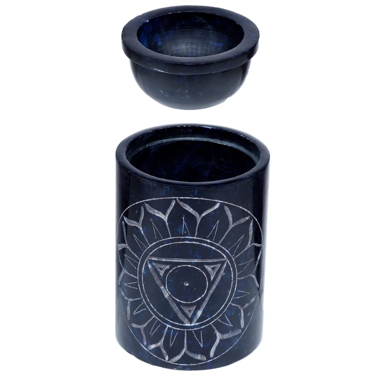 Dark Blue Soapstone Carved Chakra Oil Burner with Removable Dish