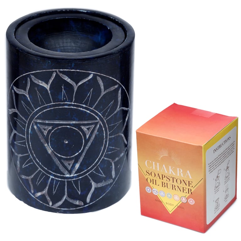 Dark Blue Soapstone Carved Chakra Oil Burner with Removable Dish