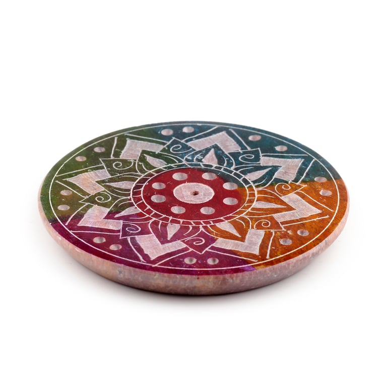 Soapstone Incense Burner Dish - Sunburst Patterned Holder for Sticks and Cones