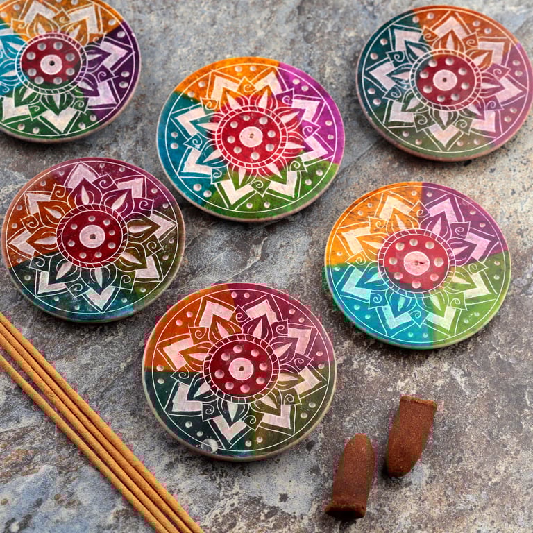 Soapstone Incense Burner Dish - Sunburst Patterned Holder for Sticks and Cones