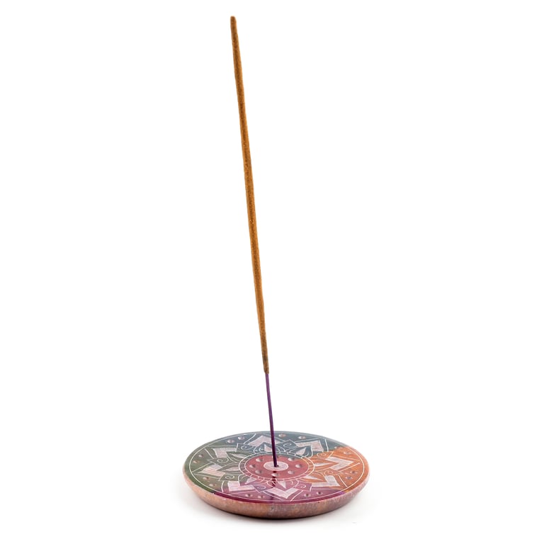 Soapstone Incense Burner Dish - Sunburst Patterned Holder for Sticks and Cones