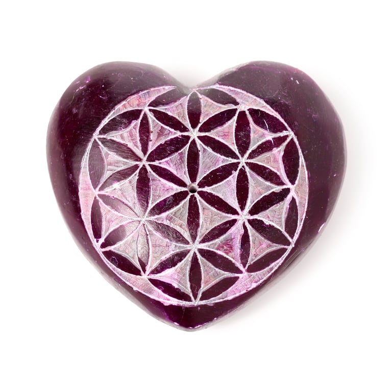 Carved Soapstone Heart Shaped Incense Ashcatcher - Chakra Flower of Life Burner