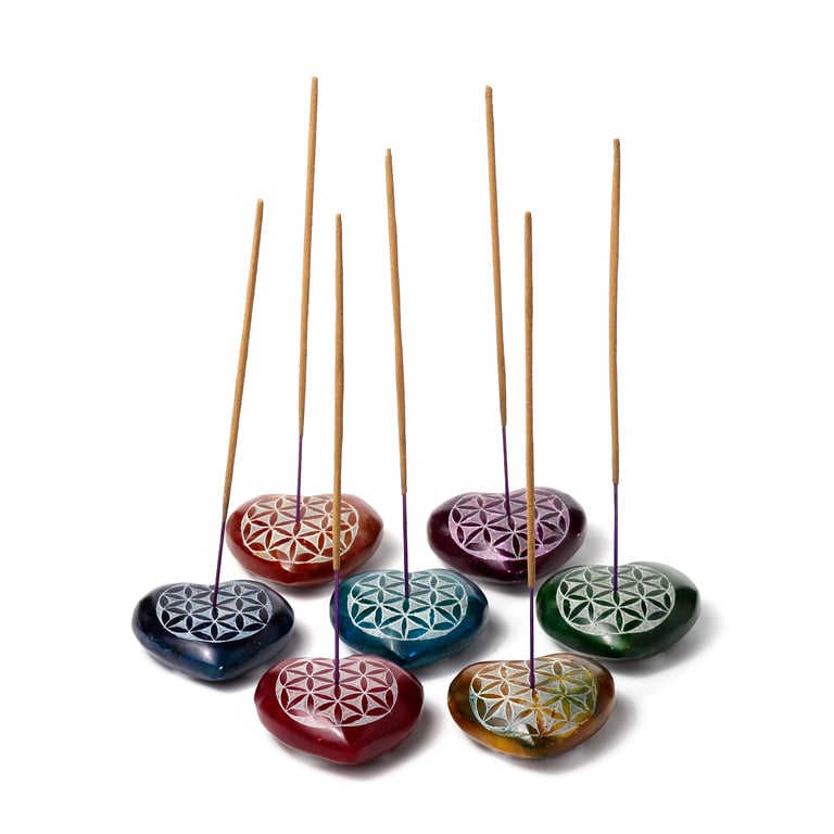 Carved Soapstone Heart Shaped Incense Ashcatcher - Chakra Flower of Life Burner