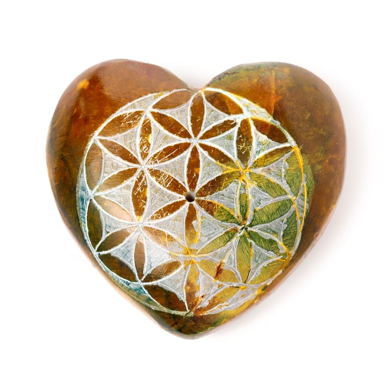 Carved Soapstone Heart Shaped Incense Ashcatcher - Chakra Flower of Life Burner