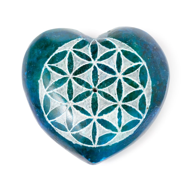 Carved Soapstone Heart Shaped Incense Ashcatcher - Chakra Flower of Life Burner